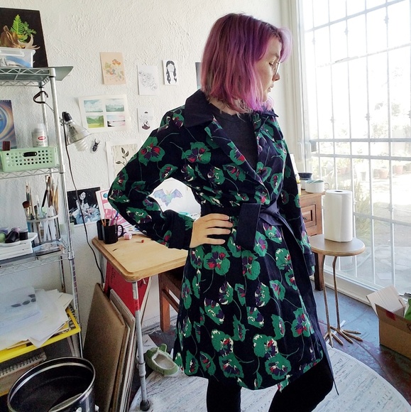 Modcloth Navy Green Floral Trench Coat - Picture 3 of 8